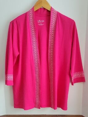 Ultra Softs Womens Medium Pink Embroidered Open Front Cardigan